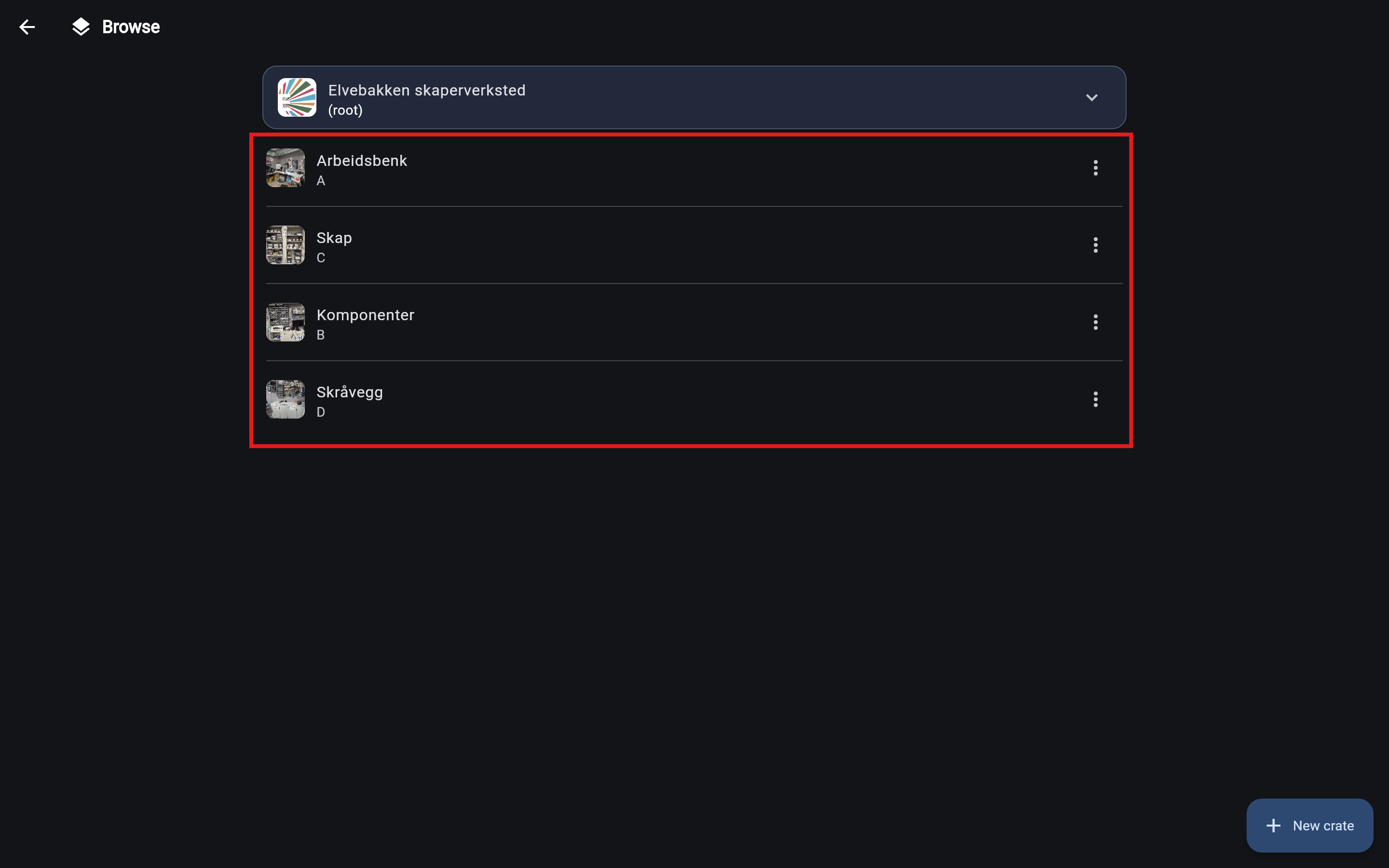 Browse view items list